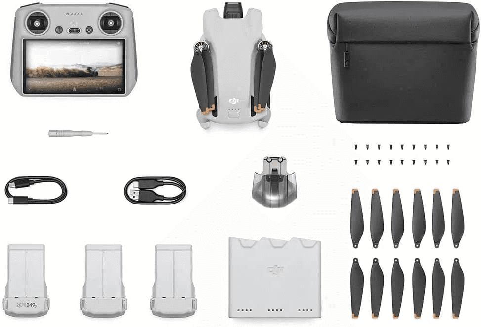 DJI Mini 3 (DJI RC) + Fly More Combo inclui 2 baterias extras e uma bolsa de transporte. Ele também vem com o controle DJI RC com tela Full HD e brilho de 700 nits