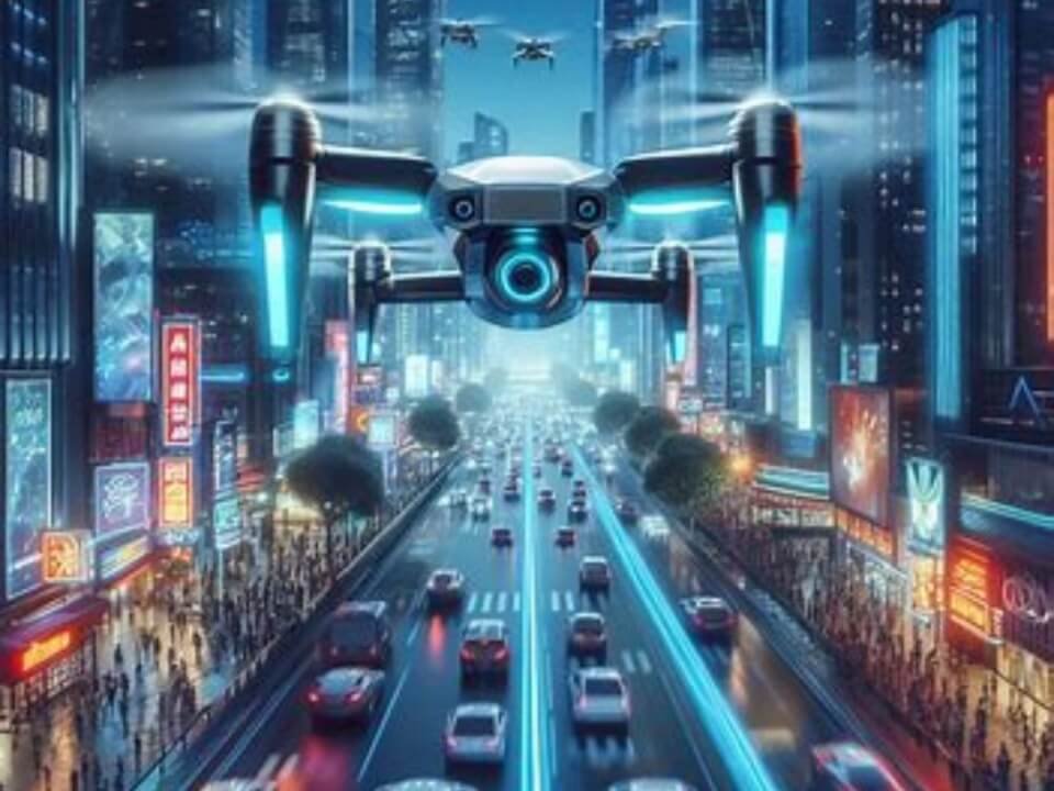 drone com luzes num cenário futurista